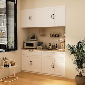 White Wooden Sideboard, Storage Cabinet, with Wall Mounted Kitchen Cabinet( Two Parts )
