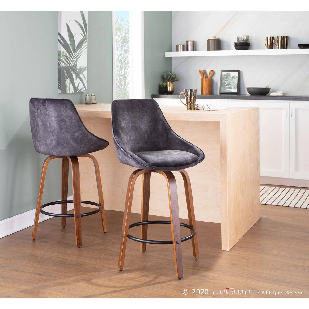 Diana 18.5" Swivel Counter Stool in Grey Velvet and Walnut Wood