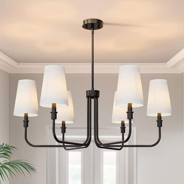 33 in. 6-Light Black Farmhouse Chandelier with White Linen Shades for Dining Room
