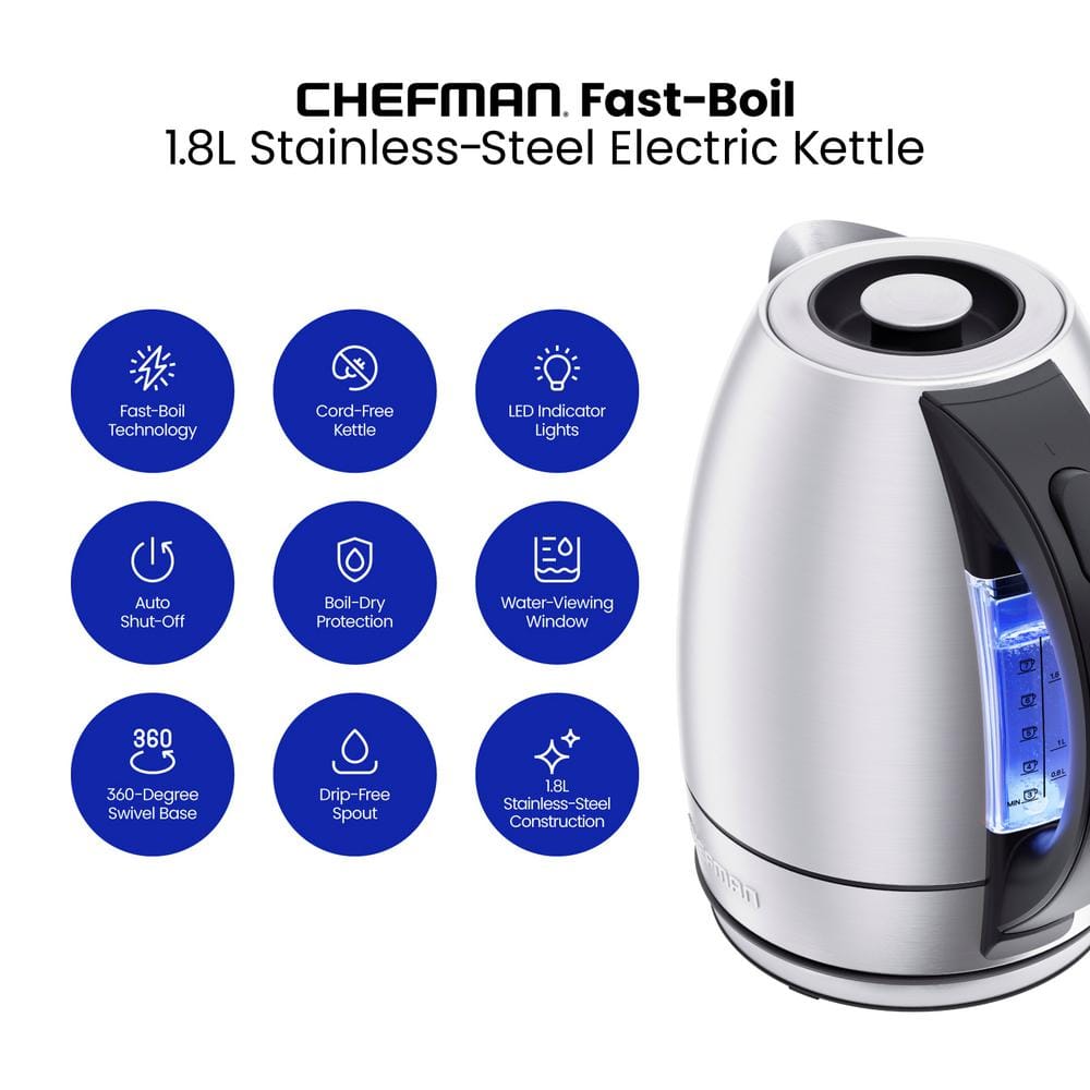 Chefman Stainless Steel Electric Kettle with Auto Shutoff and LED Indicator