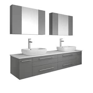 Lucera 72 in. W Wall Hung Vanity in Gray with Quartz Stone Vanity Top in White with White Basins and Medicine Cabinet