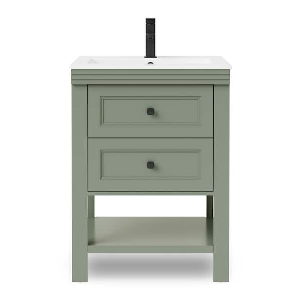 24 in. W x 17.7 in. D x 34 in. H 1-Sink Freestanding Bath Vanity in Green with White Ceramic Top and Drain Faucet Set