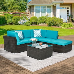 4-Pieces Rattan Wicker Patio Conversation Furniture with Lake Blue Cushions and Coffee Table