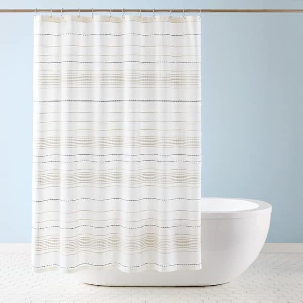 TOWN & COUNTRY LIVING Solana Woven Cotton Stripe 70 in. x 72 in. Shower Curtain Beige/Charcoal