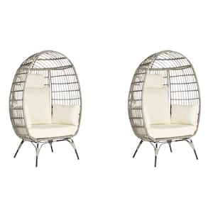 Oversized Outdoor Gray RatTan Egg Chair Patio Chaise Lounge Indoor Basket Chair with Beige Cushion (2-Pieces)