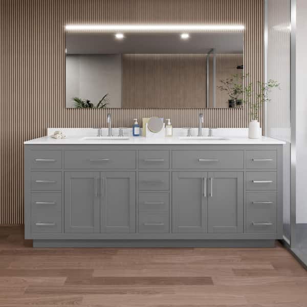 Beckett TK 84 in. W x 22 in. D x 35 in. H Double Sink Bath Vanity in Dark Gray with Brushed Nickel Trim White Quartz Top