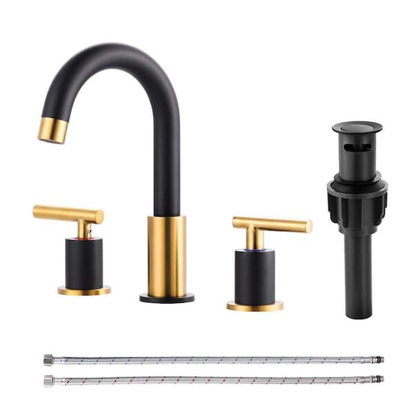 8 in. Widespread Double Handle Bathroom Faucet with Pop Up Drain and Supply Lines in Black and Gold