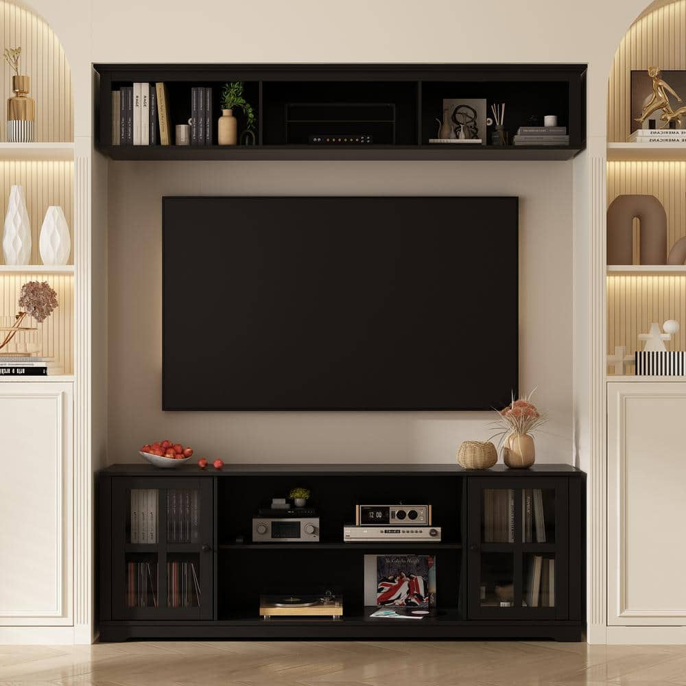 FUFU&GAGA Black Wooden TV Stand Fits TV's up to 75 in. with Open ...