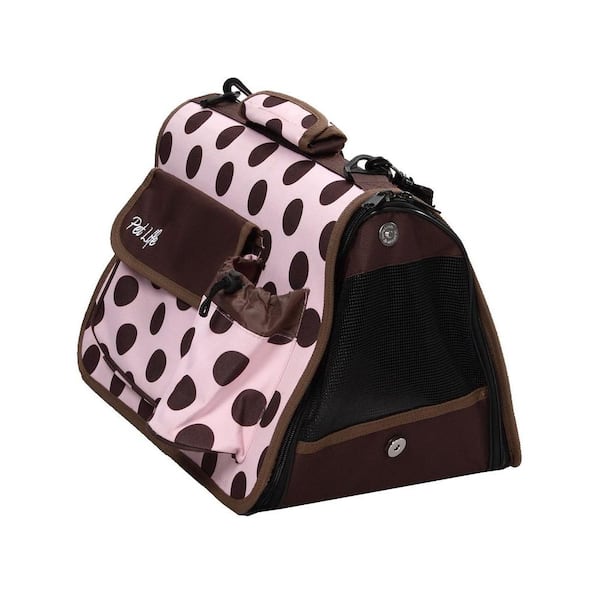PET LIFE Airline Approved Polka Dot Folding Casual Pet Carrier with Bottle Holder and Pouch - LG