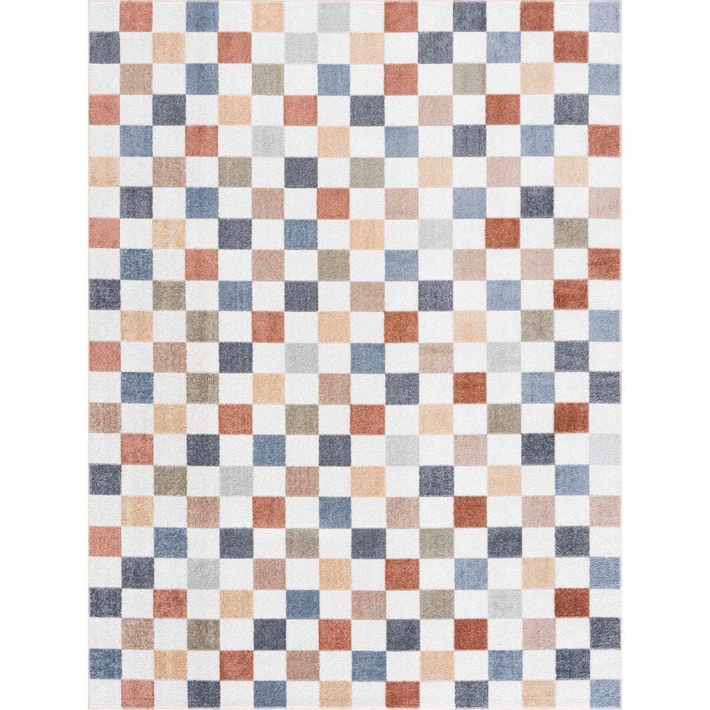 Alia Blue and Tan Checkered Washable Polyester Rug