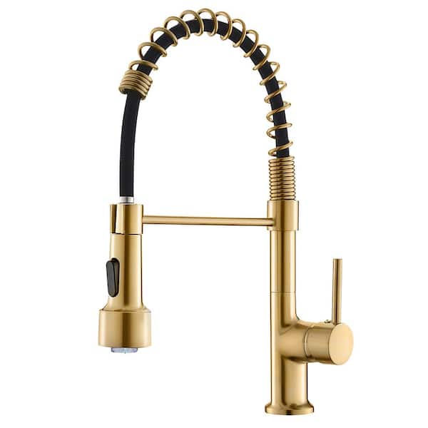 Staykiwi Single Handle High Arc LED Pull Out Sprayer Kitchen Faucet in Gold