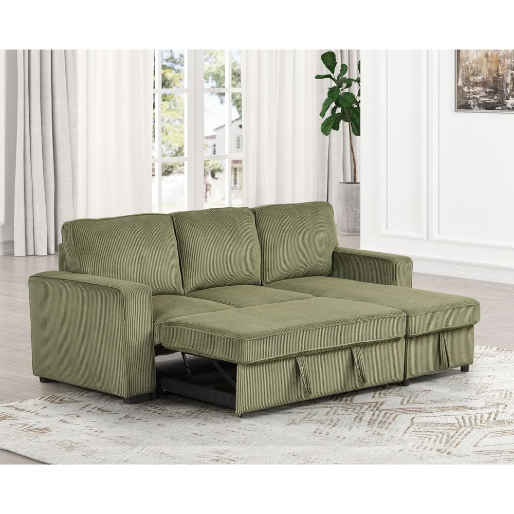 Green Corduroy Fabric Sectional Sofa with Storage Ottoman