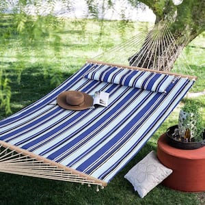 Double Hammock Quilted Fabric Swing with Spreader Bar, Detachable Pillow, 55" x 79" Large Hammock, Blue Stripes