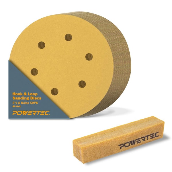 ‎POWERTEC 5 in. 8-Hole 80-Grit Hook and Loop Sanding Discs (50PK) with Abrasive Cleaning Stick