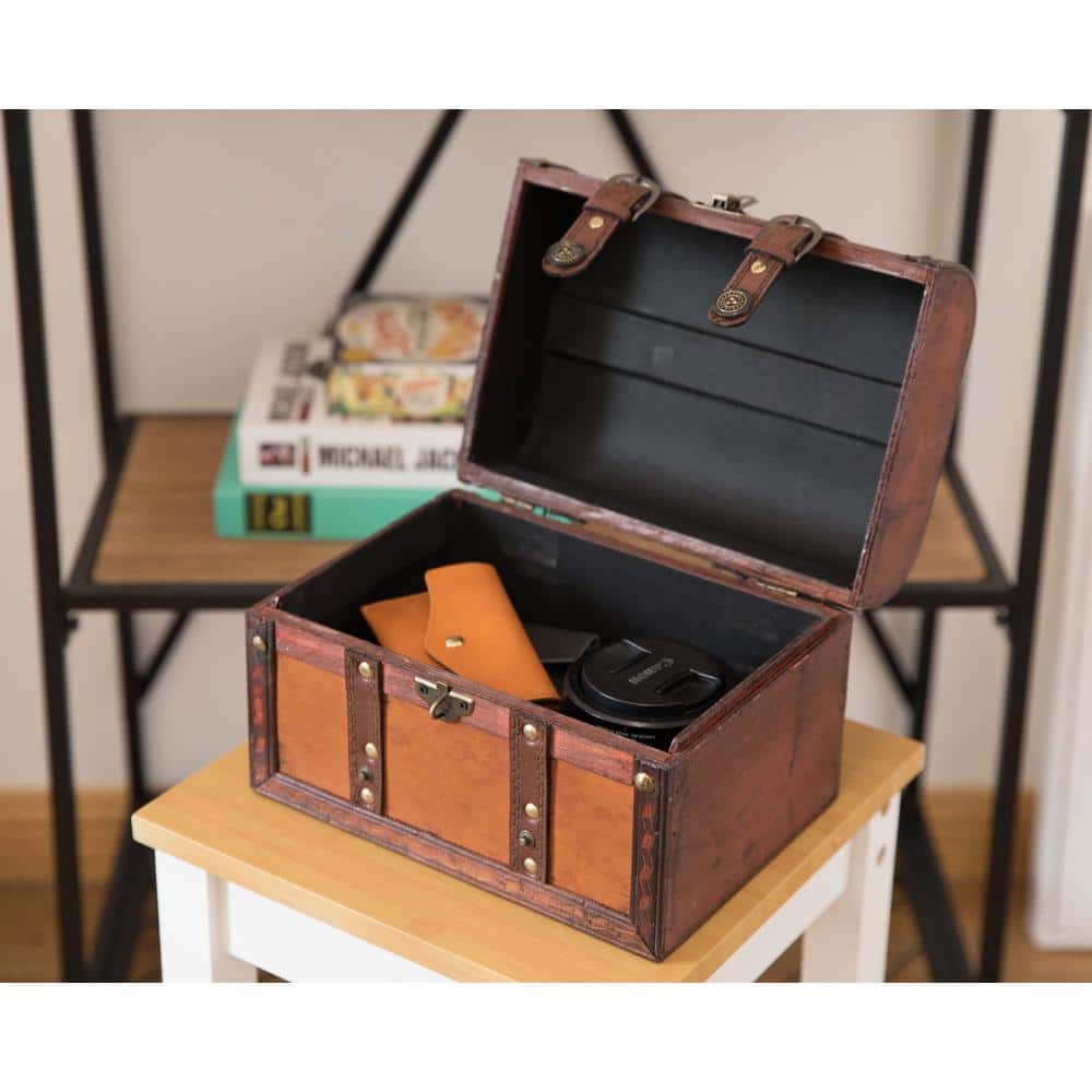 Large Brown Faux Leather and Wood Storage Trunk