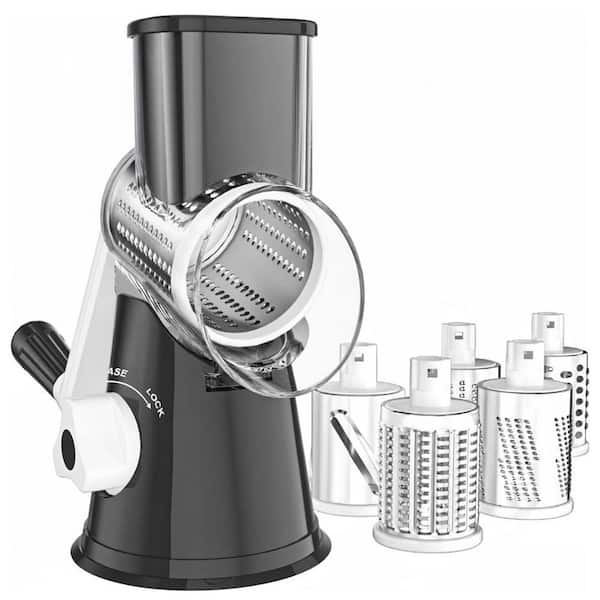 Black Rotary Cheese Grater with 5 Stainless Steel Blades for Shredding Slicing and Crushing Cheese Nuts Veg