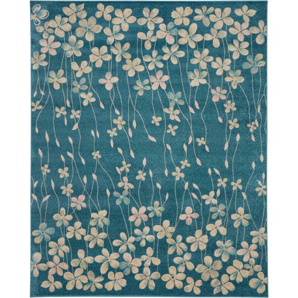 Handmade Turquoise Floral Viscose Rectangular 8' x 10' Rug