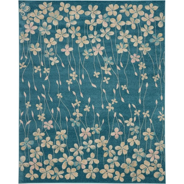 Nourison Tranquil Turquoise 8 ft. x 10 ft. Floral Contemporary Area Rug