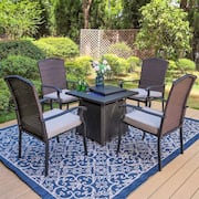 Black 5-Piece Metal Patio Fire Pit Set with Rattan Chairs with Beige Cushion