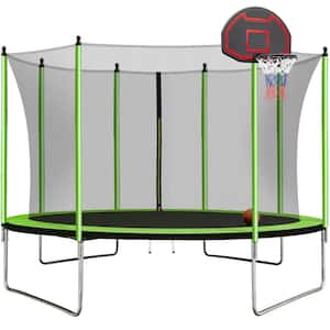 10 ft. Trampoline with Basketball Hoop Inflator and Ladder Inner Safety Enclosure Green