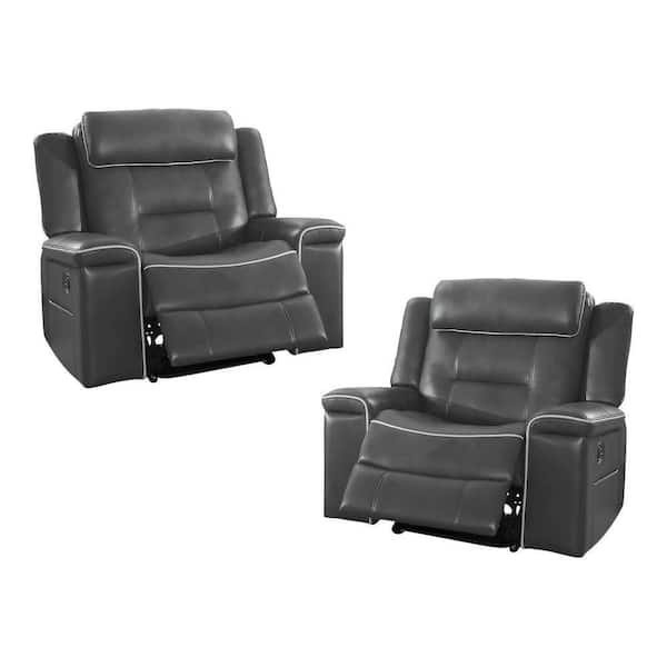 EVERGLADE HOME Cairn 42 in. Dark Gray Flared Arm Faux Leather Straight Reclining Chair (Set of 2)