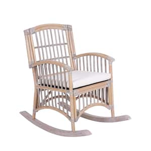 Swayze Bohemian Farmhouse Woven Rattan/Wood Rocking Chair, White Cushion with Gray/White Wash Frame