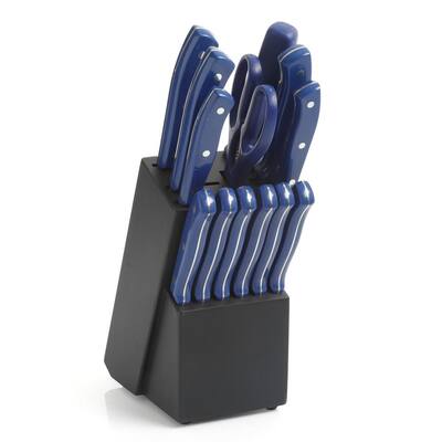 Evansville 14 Piece Stainless Steel Knife Set with Rubberwood Block in Blue