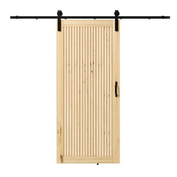 TENONER 30 in. x 84 in., Light Brown, Paneled, Fluted, Painted, MDF Sliding Barn Door with Hardware Kit