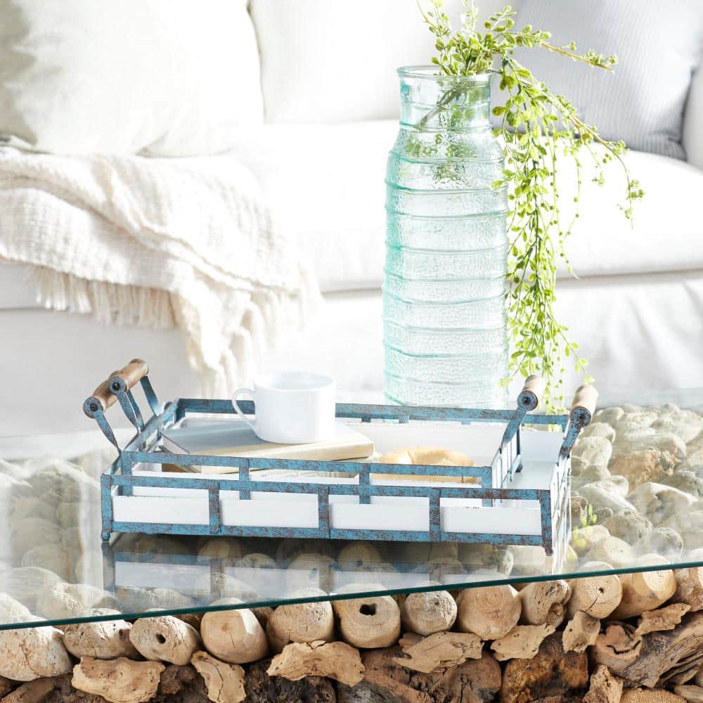 Distressed Blue and White Metal Farmhouse Rectangular Tray Set