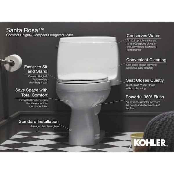 Santa Rosa Comfort Height 1-Piece 1.28 GPF Single Flush Compact Elongated Toilet with AquaPiston Flush in White