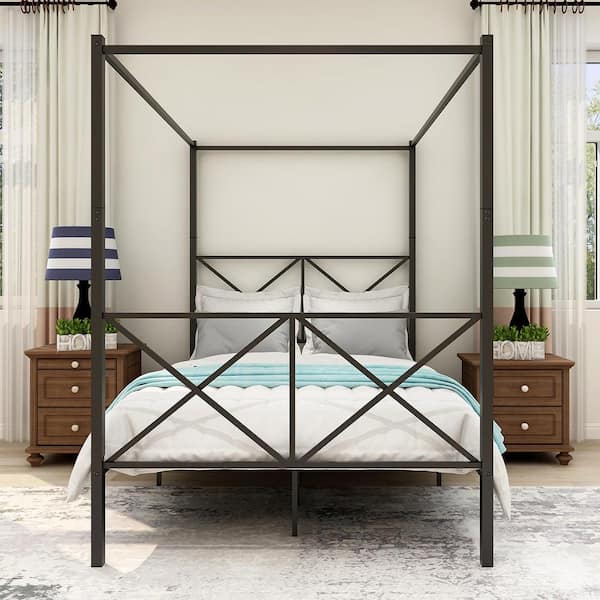 Modern Full-Size 55 in. Wide Unique X-Shaped Black Platform Bed With Metal Slats Support Canopy Bed Frame for Bedroom