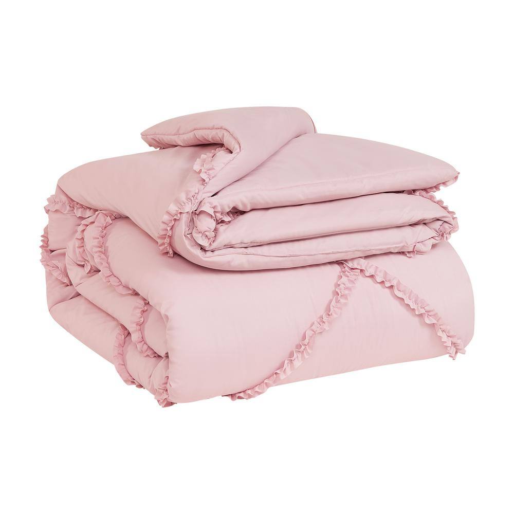 Blush Pink Microfiber Reversible Comforter Set with Ruffle Accents