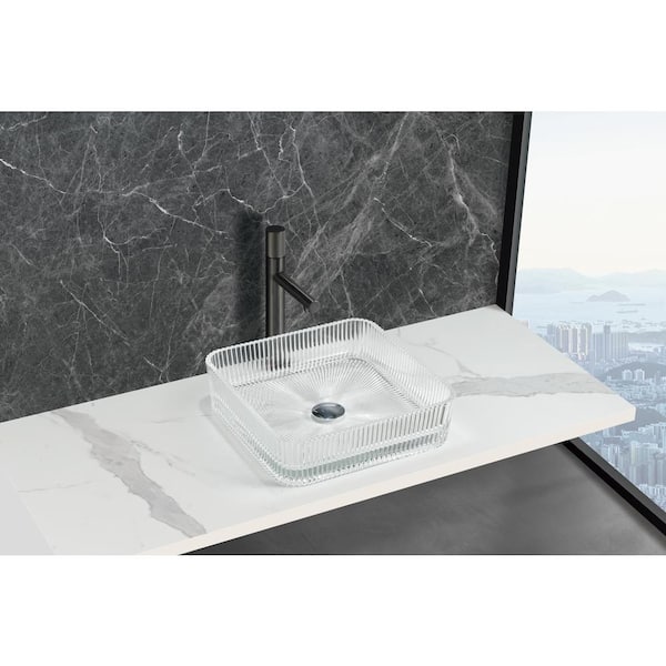 castellousa Plaza Cubic Clear Tempered Glass Crystal Square Vessel Sink - 15 in.