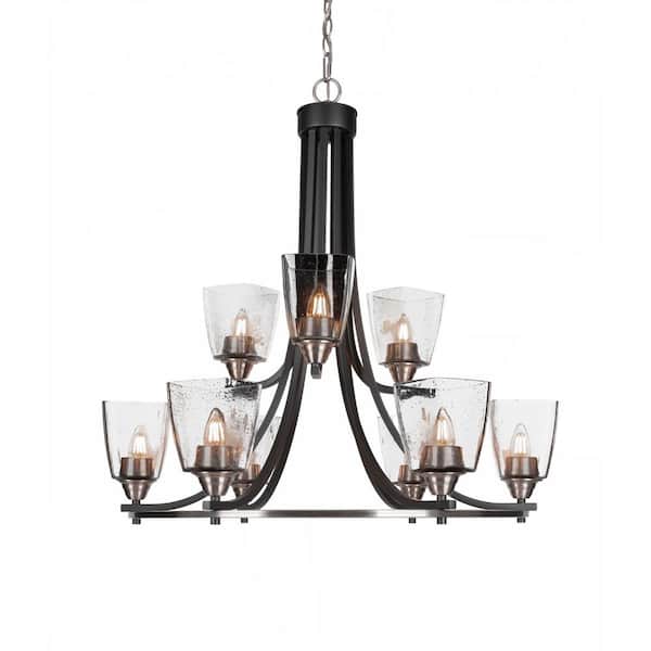 Unbranded Madison 9-Light Matte Black and Brushed Nickel Round Chandelier with 4.5 in. Clear Bubble Glass Shades No bulbs included