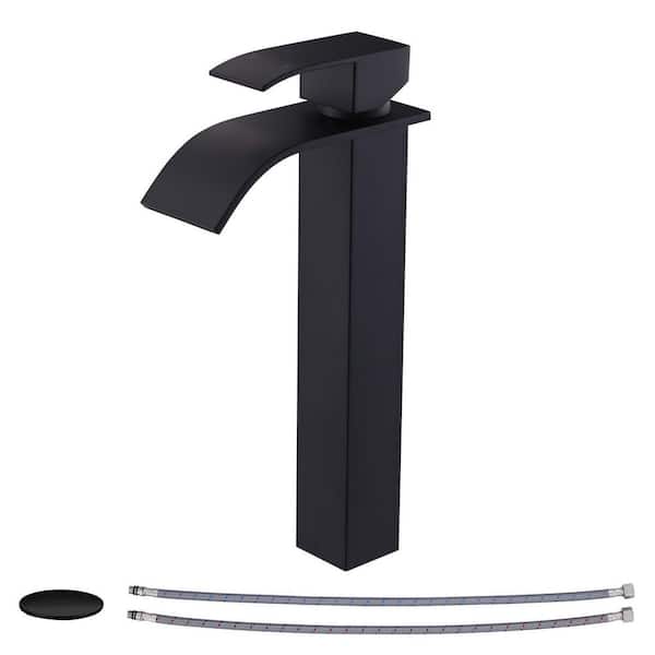 Waterfall Single Hole Single Handle Tall Bathroom Sink Faucet with Pop-Up Drain in Matte Black