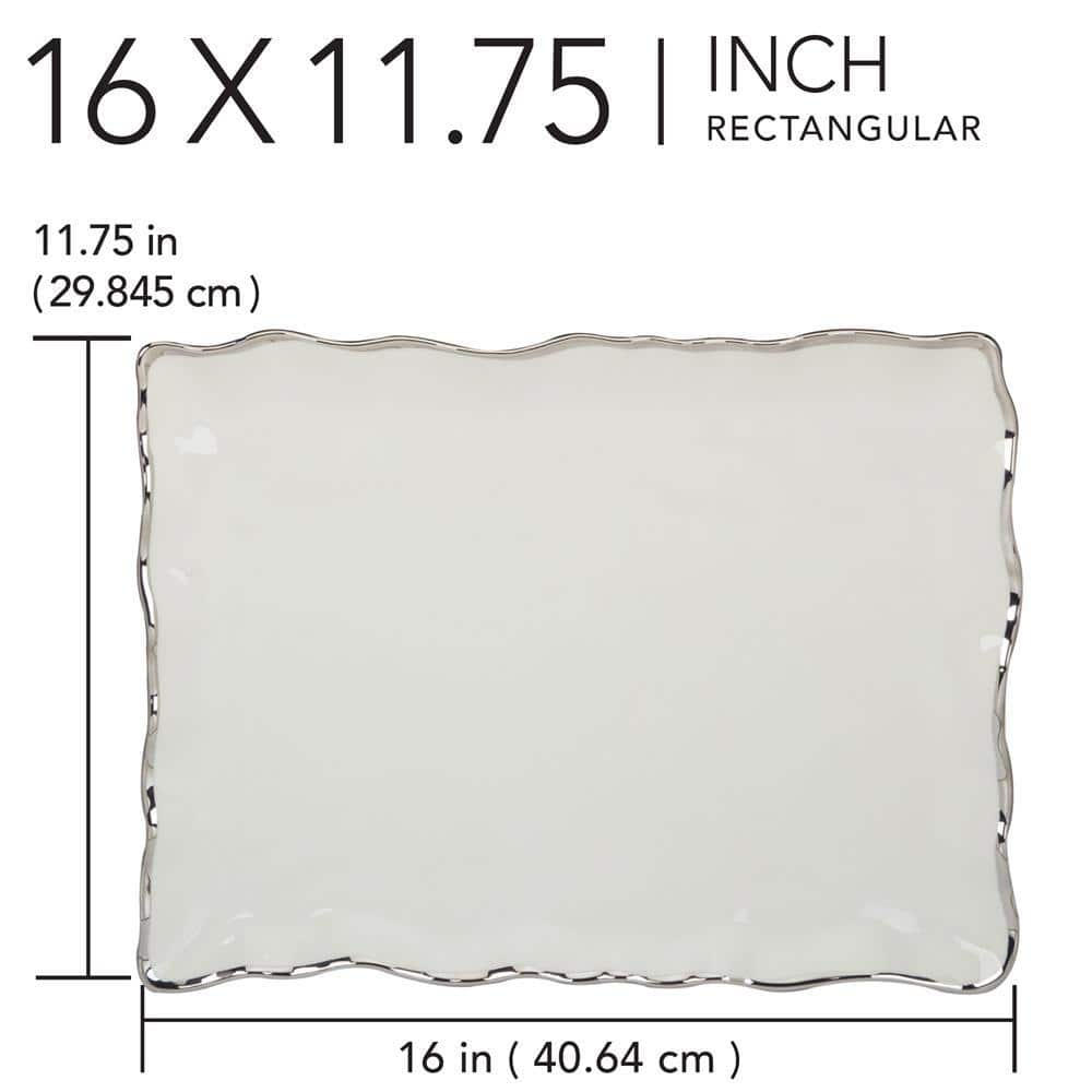 Elegant Silver Rimmed Rectangular Ceramic Serving Platter, 16 inches
