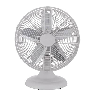 Retro 12 in. All-Metal Table/Desk Fan with 3-Speed Settings, Wide Oscillation, and Carrying Handle in Matte White