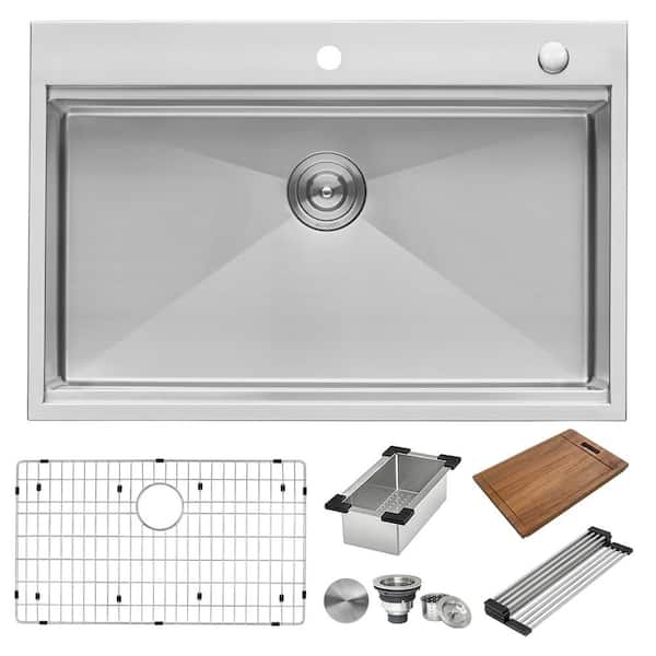 BURCHAIN 30 Inch Stainless Steel Kitchen Sink 16 Gauge Drop In Single Bowl  Workstation Sink 2-Hole Top Mount Kitchen Basin with 5 Accessories (Brushed