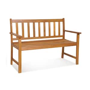 2-Person Natural Solid Acacia Wood Outdoor Bench with Backrest and Armrests