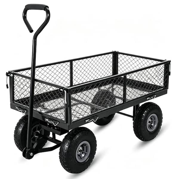 500lbs Folding Steel Garden Trolley, 25cm Tyres Mesh Wagon with Removable Liner, Rubber Mat & 180° Swivel Handle