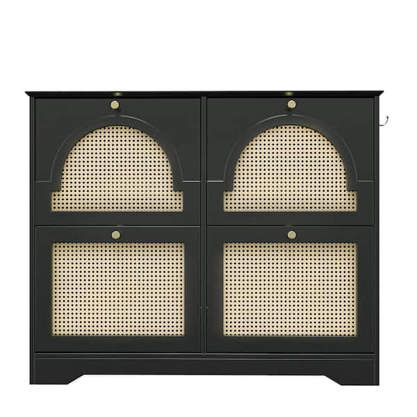 35.4 in. H x 42.1 in. W Black MDF Shoe Storage Cabinet with 4-Flip Drawers and 4-Rattan Doors, 2-Silvery Hooks