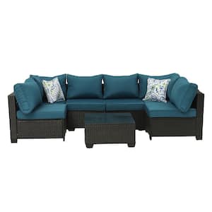 7-Piece Espresso Metal Outdoor Sectional Set Straight Back Sofa Set with Pillows and Peacock Blue Cushions for Patio