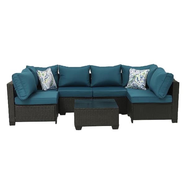 Zeus & Ruta 7-Piece Espresso Metal Outdoor Sectional Set Straight Back Sofa Set with Pillows and Peacock Blue Cushions for Patio