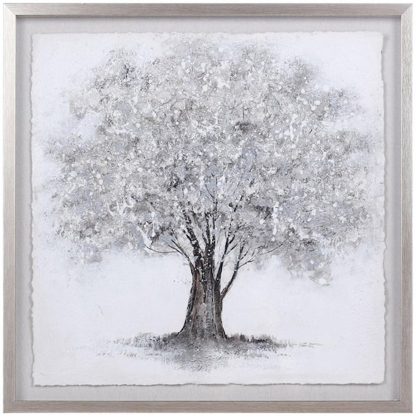 StyleCraft Foliage Shadow Box Silver Foliage Gray Wash Frame Framed Nature Art Print 27.5 in. x 27.5 in.