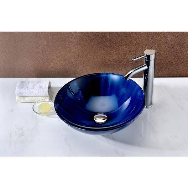 Meno Series 17 in. Bathroom Vessel Sink with Scratch-Tough and Stain-Resistant Non-Porous Surface in Lustrous Blue Glass