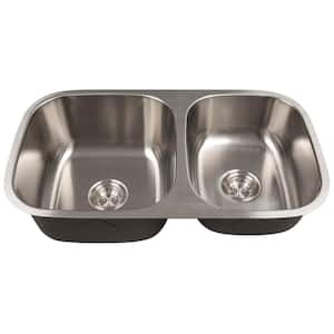 32 in. Undermount Double Bowl Single Cutout Stainless Steel Kitchen Sink with Strainer Baskets