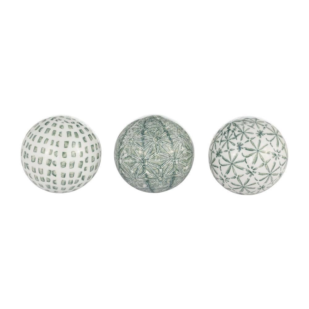 Set of 3 Green and White Ceramic Decorative Orbs