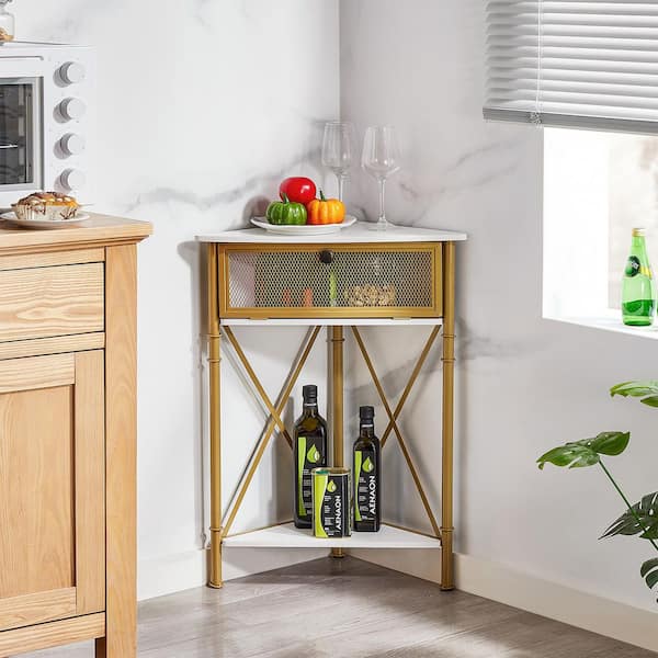 VECELO 3-Tier Corner Cabinet with Metal Frame, Gold Storage Shelf with Protection Door for Small Spaces Accent Cabinet