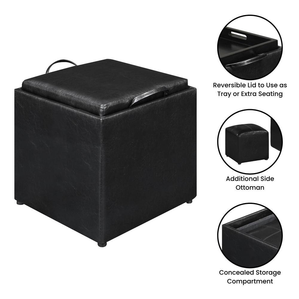 Black Faux Leather Ottoman with Reversible Tray and Storage