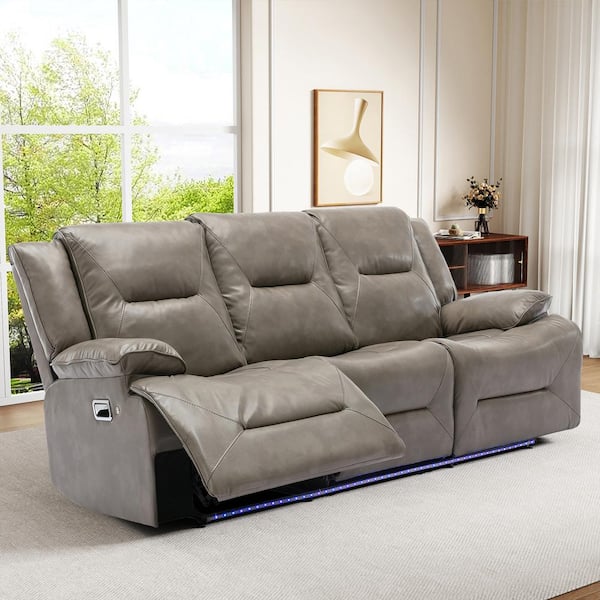 Merax 82.2 in. W Square Arm Faux Leather 3 Seater Home Theater Manual Rectangle Reclining Sofa in. Gray with Cup Holders